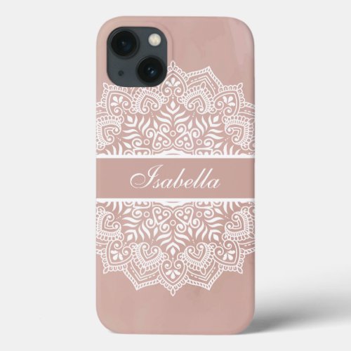 Boho Dusty Rose and White Mandala Custom Name iPhone 13 Case