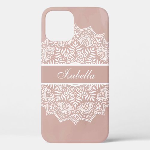 Boho Dusty Rose and White Mandala Custom Name iPhone 12 Case