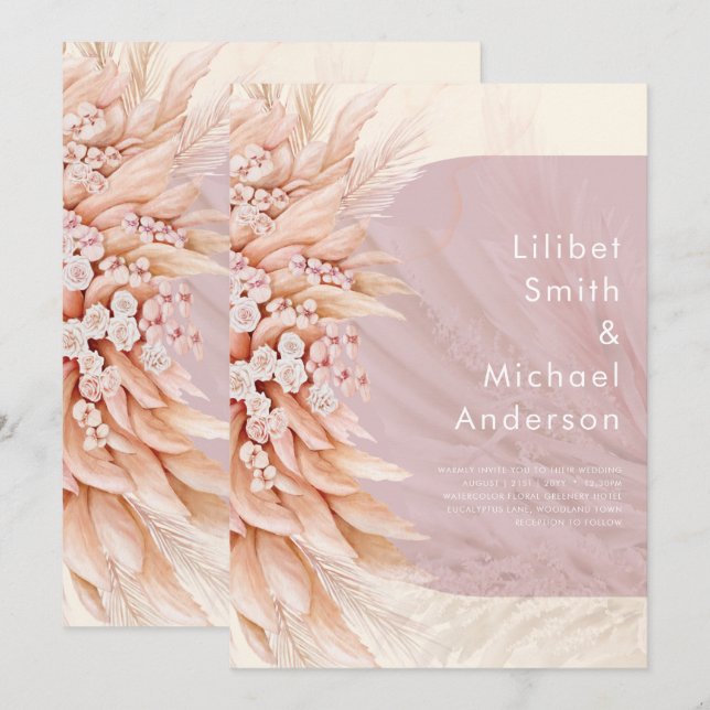 BOHO Dusty Rose Coral PAMPAS GRASS Wedding Invitation (Front/Back)
