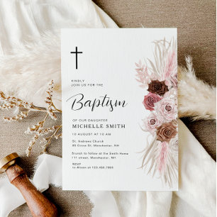 boho dusty rose floral baptism invitation
