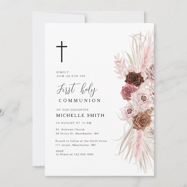 boho dusty rose floral first communion invitation (Front)