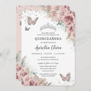 Boho Dusty Rose Floral Pampas Silver Quinceañera Invitation