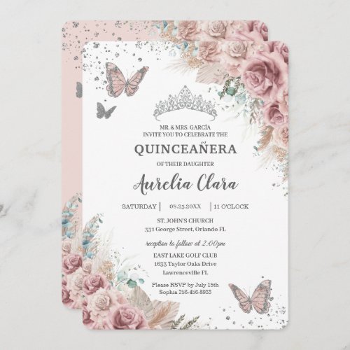 Boho Dusty Rose Floral Pampas Silver Quinceaera Invitation
