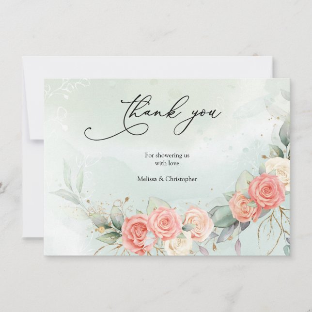 Boho Dusty Rose Greenery and Gold Baby Shower Thank You Card (Front)