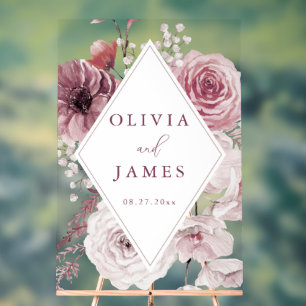 Boho Dusty Rose & Mauve Floral Frame Wedding Acrylic Sign