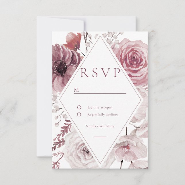 Boho Dusty Rose & Mauve Floral Frame Wedding RSVP Card (Front)