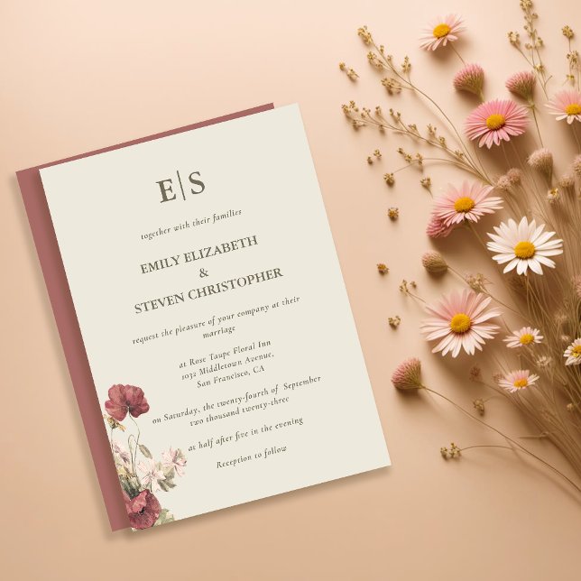 Boho Dusty Rose Monogrammed Contemporary Wedding Invitation (Creator Uploaded)
