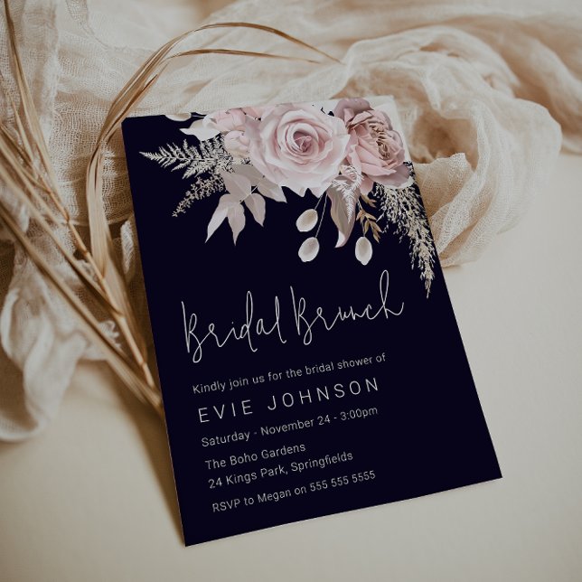  Boho Dusty Rose & Navy Bridal Shower Brunch Invitation (Creator Uploaded)