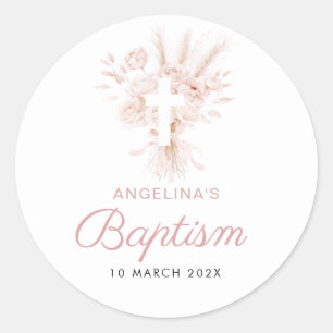 boho dusty rose pampas floral baptism classic round sticker