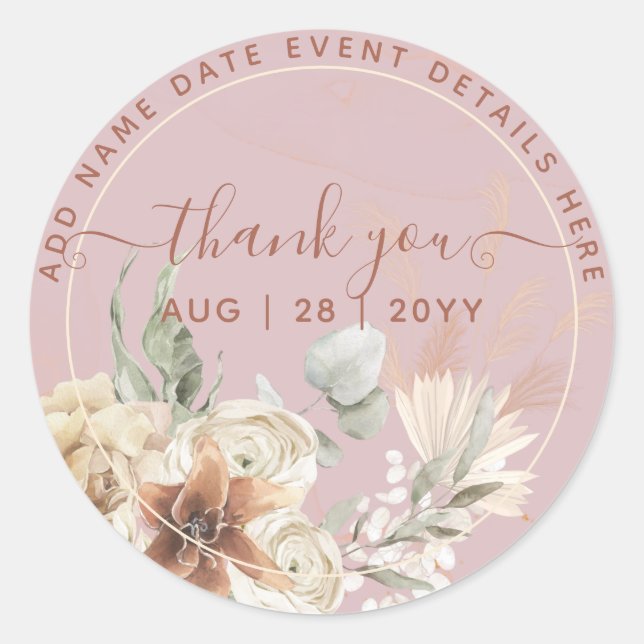  Boho Dusty Rose Pampas Grass Thank You Favor Classic Round Sticker (Front)