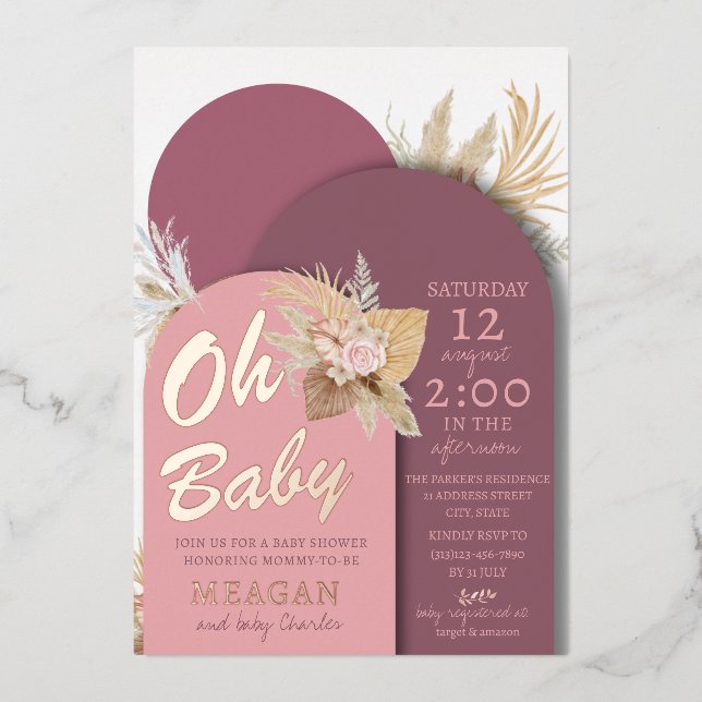 Boho Dusty Rose Pink Mauve Baby Shower Foil Invitation (Front)