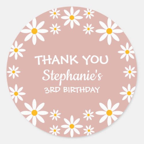 Boho Dusty Rose Pink Retro Daisies Birthay Party Classic Round Sticker