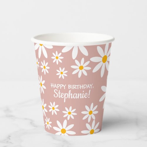 Boho Dusty Rose Pink Retro Daisies Birthay Party  Paper Cups