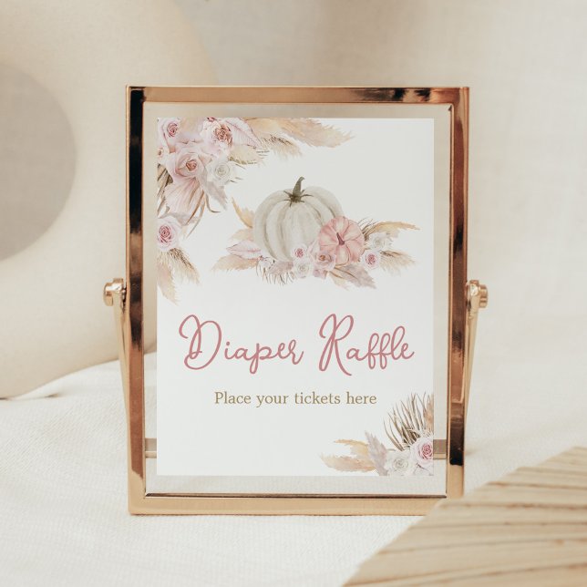 Boho Dusty Rose Pumpkin Baby Shower Diaper Raffle Poster (Pink Floral Pumpkin Baby Shower Diaper Raffle Sign)