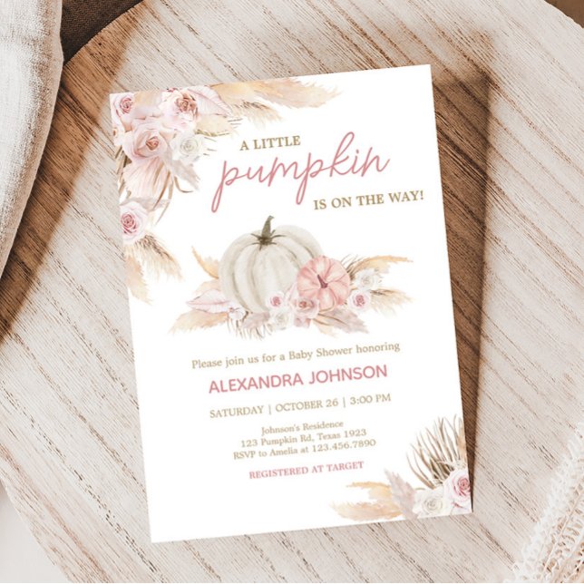 Boho Dusty Rose Pumpkin Baby Shower  Invitation (Pink Floral Pumpkin Baby Shower Invitation)