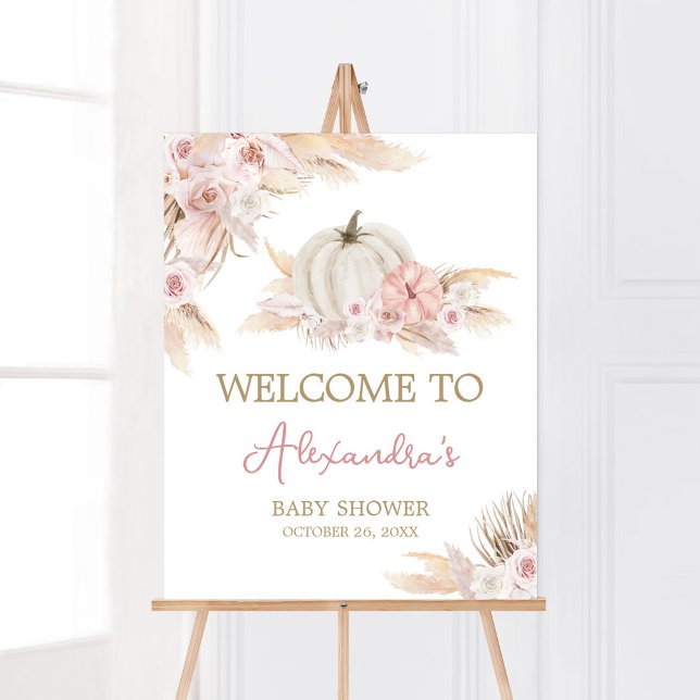 Boho Dusty Rose Pumpkin Baby Shower Welcome Poster (Pink Floral Pumpkin Baby Shower Welcome Sign)