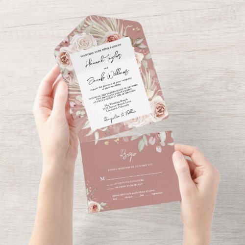 Boho Dusty Rose Rustic Floral with RSVP Wedding All In One Invitation