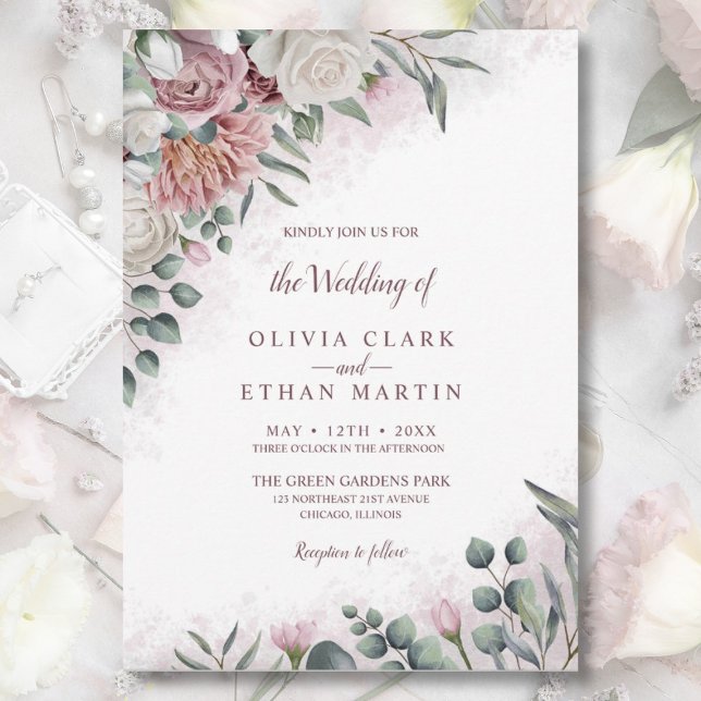 Boho Dusty Rose Watercolor Floral Rustic Invitation (Creator Uploaded)