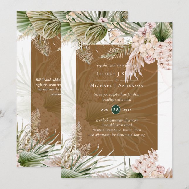 BOHO Earth Color Pampas Grass Wedding Invitation (Front/Back)