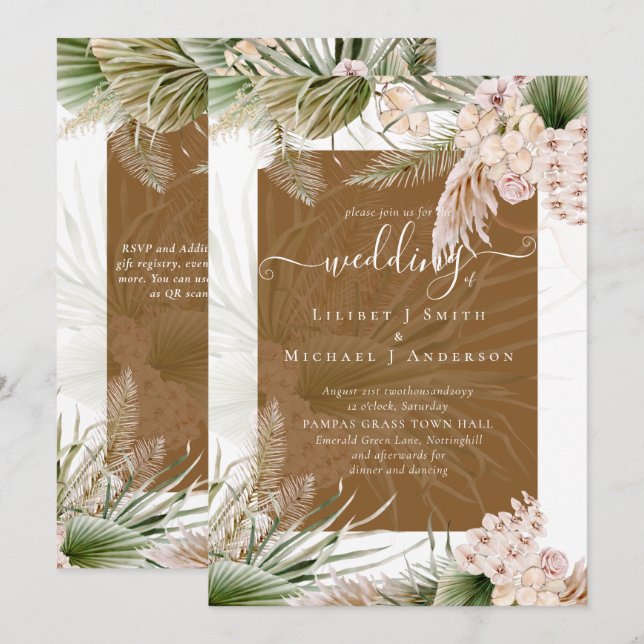 BOHO Earth Color Pampas Grass Wedding Invitation (Front/Back)
