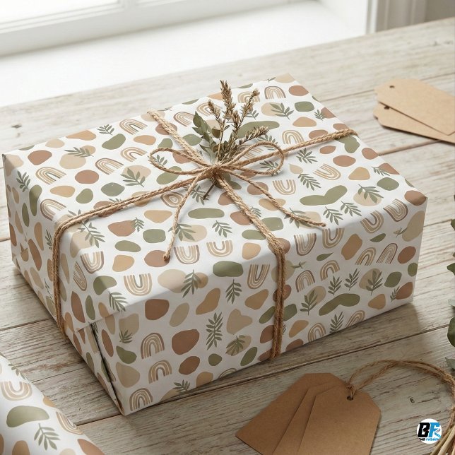 Boho Earth Tone Abstract Shapes & Botanical Rainbo Wrapping Paper (Creator Uploaded)