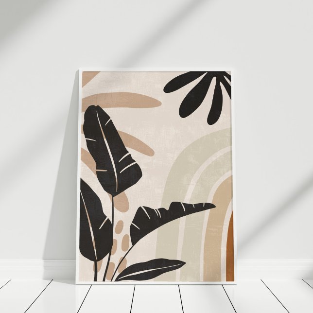 Boho Earth Tone Botanical Abstract Wall Art Print (Boho Abstract Earth Tone Leaves and Rainbow Poster in a white frame.)