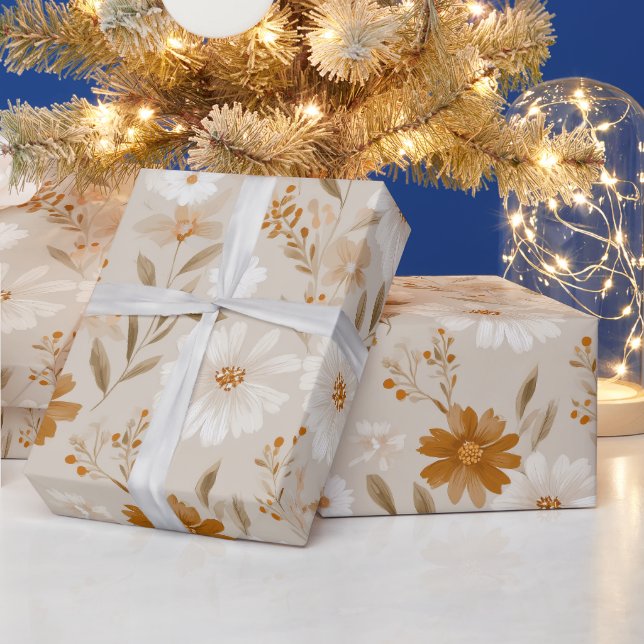 Boho Earth Tone Daisy Tan Floral Pattern Wrapping Paper (Holidays)