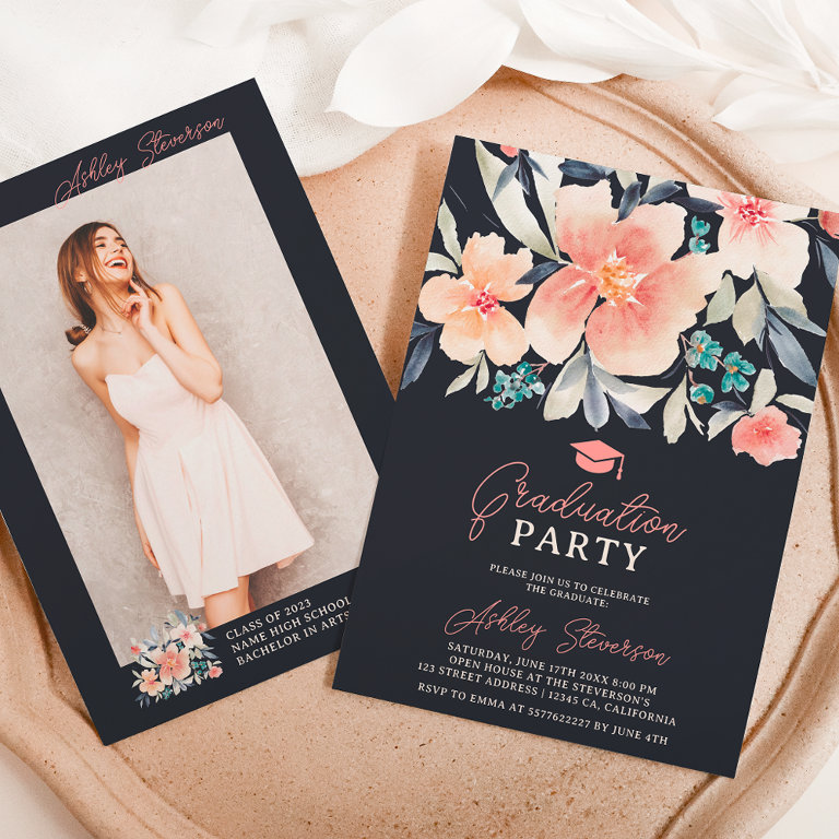 Boho earth tone floral watercolor photo graduation invitation