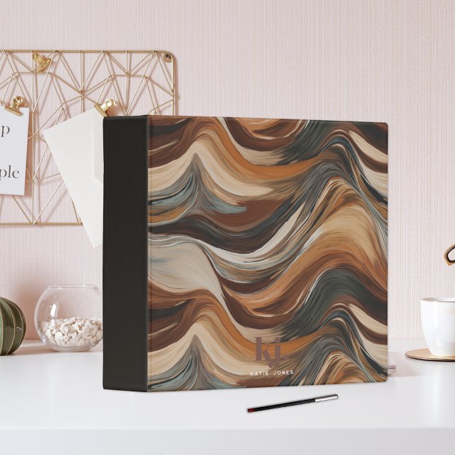 Boho Earth Tones Abstract Wood Grain Monogram 3 Ring Binder (Creator Uploaded)