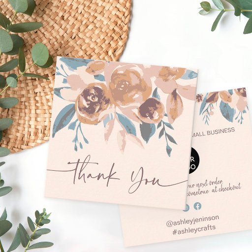 Customizable Boho earthy chic floral watercolor order thank you square business card