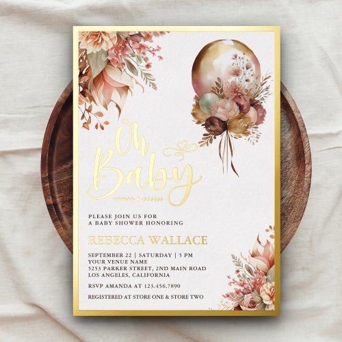 Boho Earthy Floral Balloon Girl Baby Shower Gold Foil Invitation