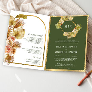 Boho Earthy Floral Olive Green QR Code Wedding Invitation