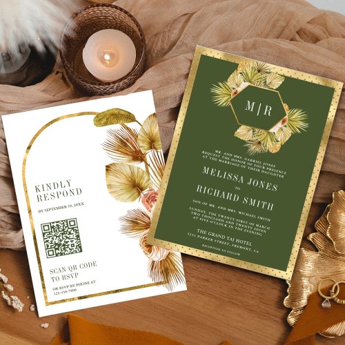 Boho Earthy Floral Olive Green QR Code Wedding Invitation
