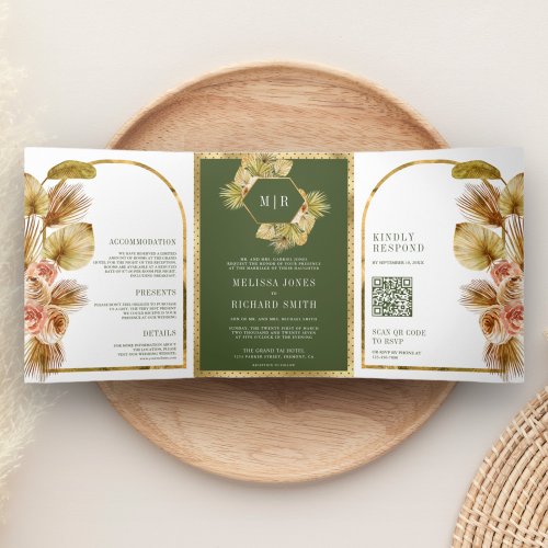 Boho Earthy Floral Olive Green QR Code Wedding Tri_Fold Invitation