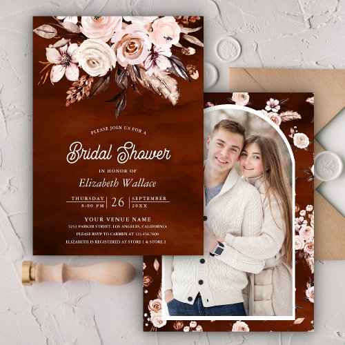 Boho Earthy Floral Photo Terracotta Bridal Shower Invitation