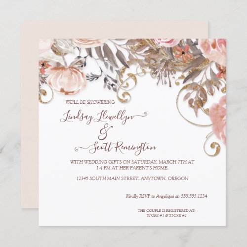 Boho Earthy Floral Pink Rose Gold Couples Shower Invitation