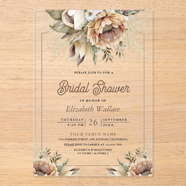Boho Earthy Floral Taupe Bridal Shower Acrylic Invitations (Front)