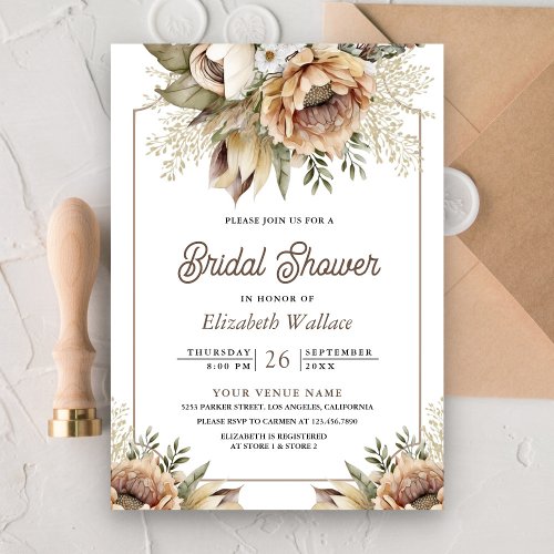 Boho Earthy Floral Taupe Photo Bridal Shower Invitation