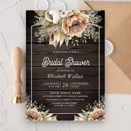 Boho Earthy Floral Taupe Photo Wood Bridal Shower Invitation