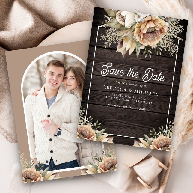 Boho Earthy Floral Taupe Photo Wood Wedding Save The Date (Creator Uploaded)
