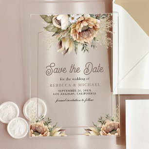 Boho Earthy Floral Taupe Wedding Save the Date Acrylic Invitations