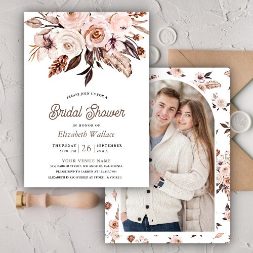 Boho Earthy Ivory Floral Photo Bridal Shower Invitation