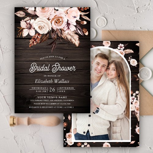 Boho Earthy Ivory Floral Photo Wood Bridal Shower Invitation