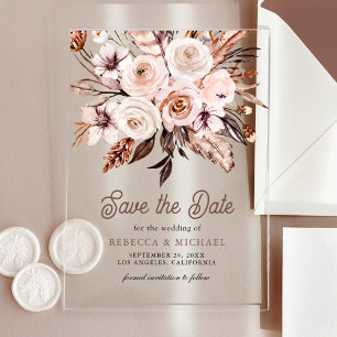 Boho Earthy Ivory Floral Wedding Save the Date Acrylic Invitations