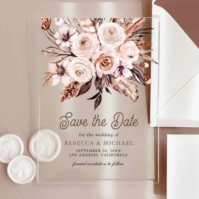 Boho Earthy Ivory Floral Wedding Save the Date Acrylic Invitations (Creator Uploaded)