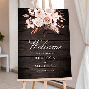 Boho Earthy Ivory Floral Wood Wedding Welcome Sign