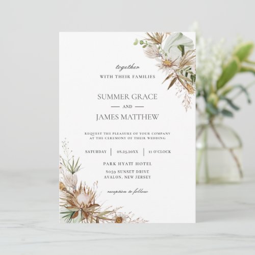 Boho Earthy Protea Dried Palm Rustic Wedding   Invitation