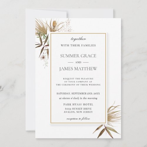 Boho Earthy Proteas Palms Brown Rustic Wedding Invitation