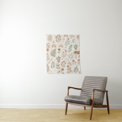Boho Earthy Rainbow Botanical Nursery Wall  Tapestry
