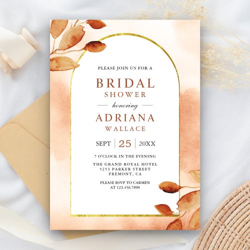 Boho Earthy Terracotta Leaves Arch Bridal Shower Invitation